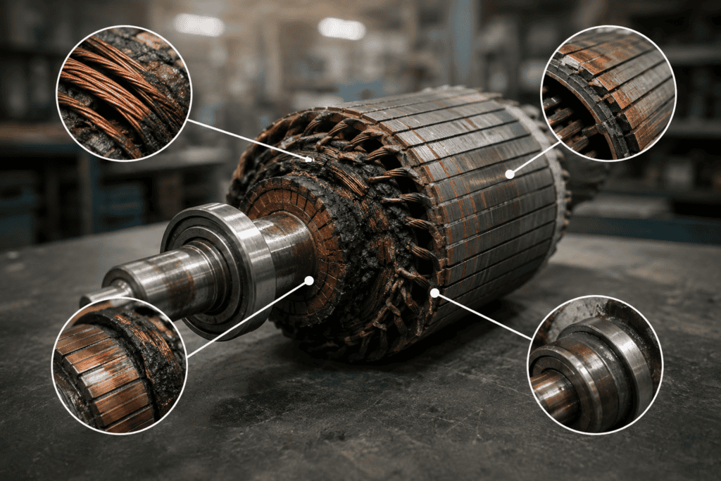 Damaged-rotor with close-up views of wear and tear for analysis.-