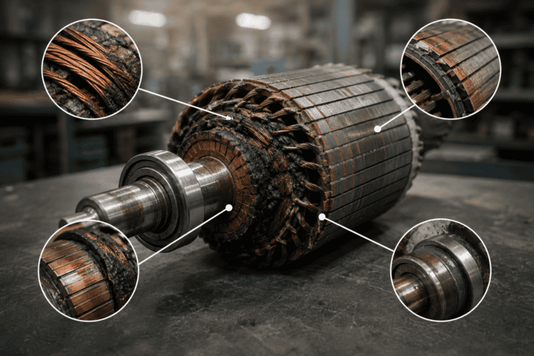 Damaged-rotor with close-up views of wear and tear for analysis.-