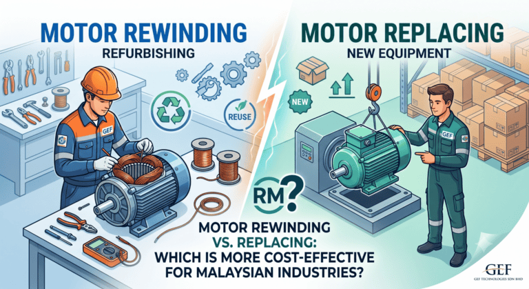 Technician inspecting motor for rewinding or replacement at GEF Technologies Malaysia.